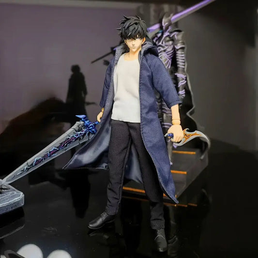 Solo leveling sung jin-woo action figure 1/12 scale in navy blue trench coat holding two intricately designed swords