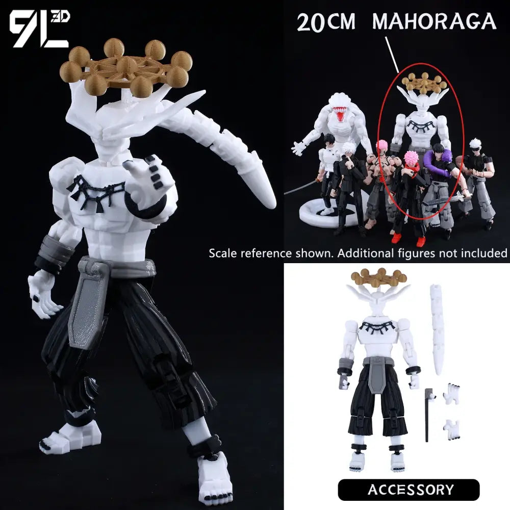 White and black plastic solo leveling sung jin-woo action figure with crown-like headpiece and golden spheres, 3d printed movable