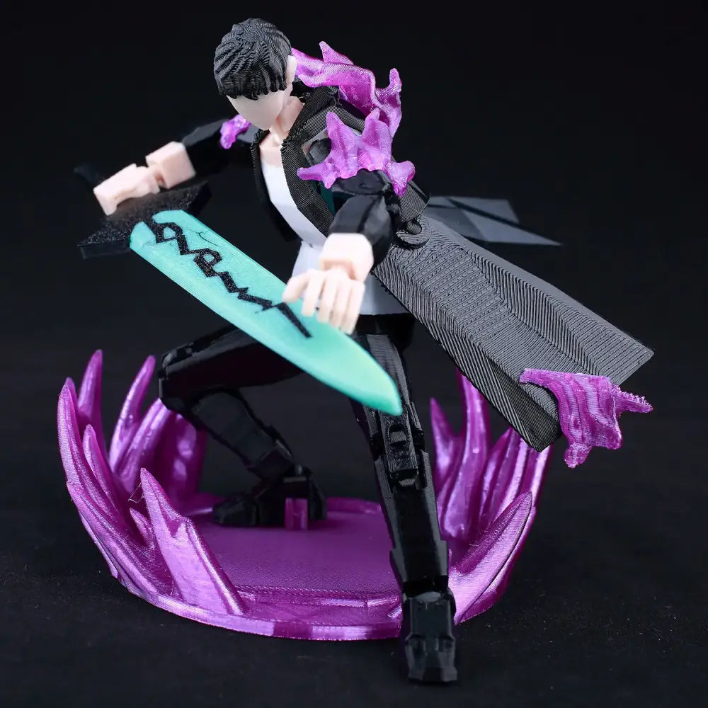 Solo leveling sung jin-woo black and white 3d printed movable action figure with purple flames and teal army sword on purple base