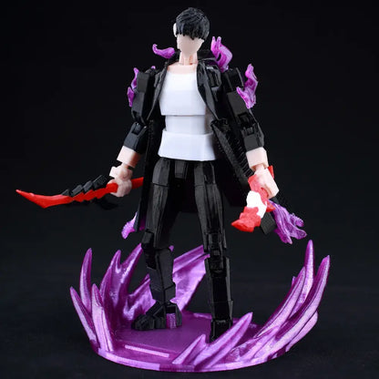 Solo leveling sung jin-woo black and white 3d printed movable action figure with purple flame accents holding red sword
