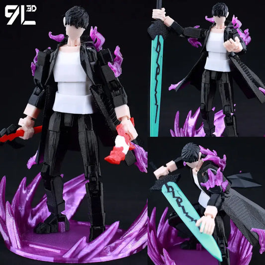 Solo leveling sung jin-woo action figure with black and white body, purple flame accents, and teal sword 3d printed movable