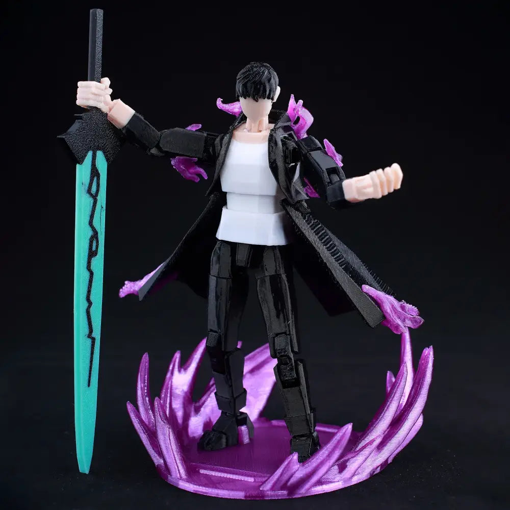 Solo leveling sung jin-woo black and white 3d printed action figure with purple energy effects and teal sword on purple base