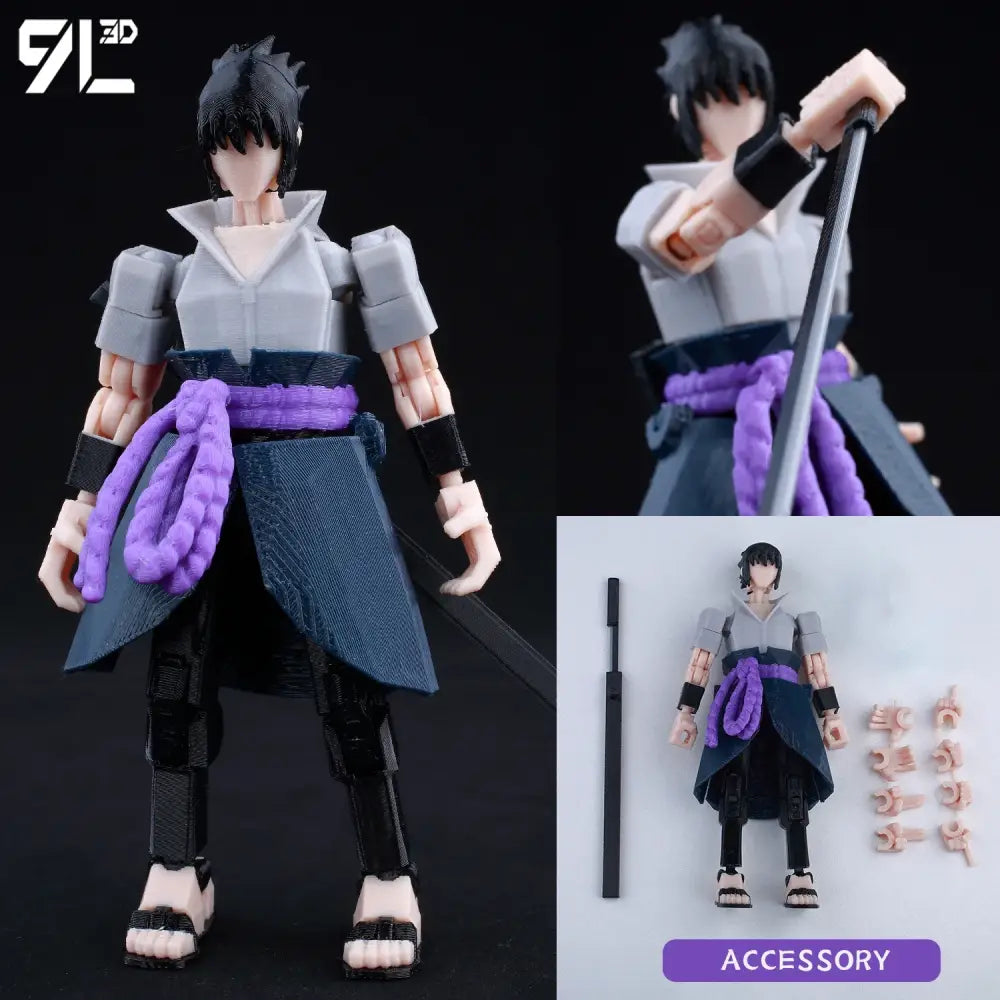 Gray and black articulated sasuke uchiha action figure with purple rope belt and fabric-like clothing solo leveling printed movable dummy