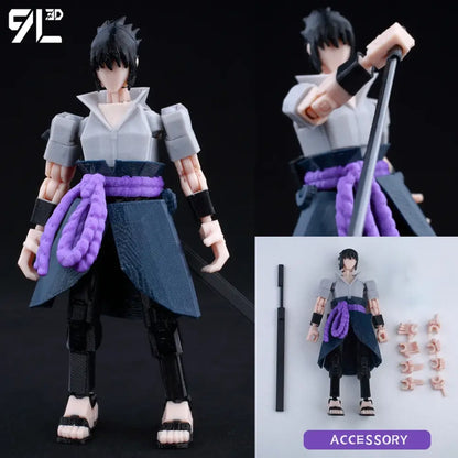 Gray and black articulated sasuke uchiha action figure with purple rope belt and fabric-like clothing solo leveling printed movable dummy
