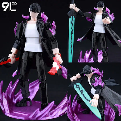 Solo leveling sung jin-woo 3d printed movable dummy action figure with black white body and purple flame accents holding teal sword