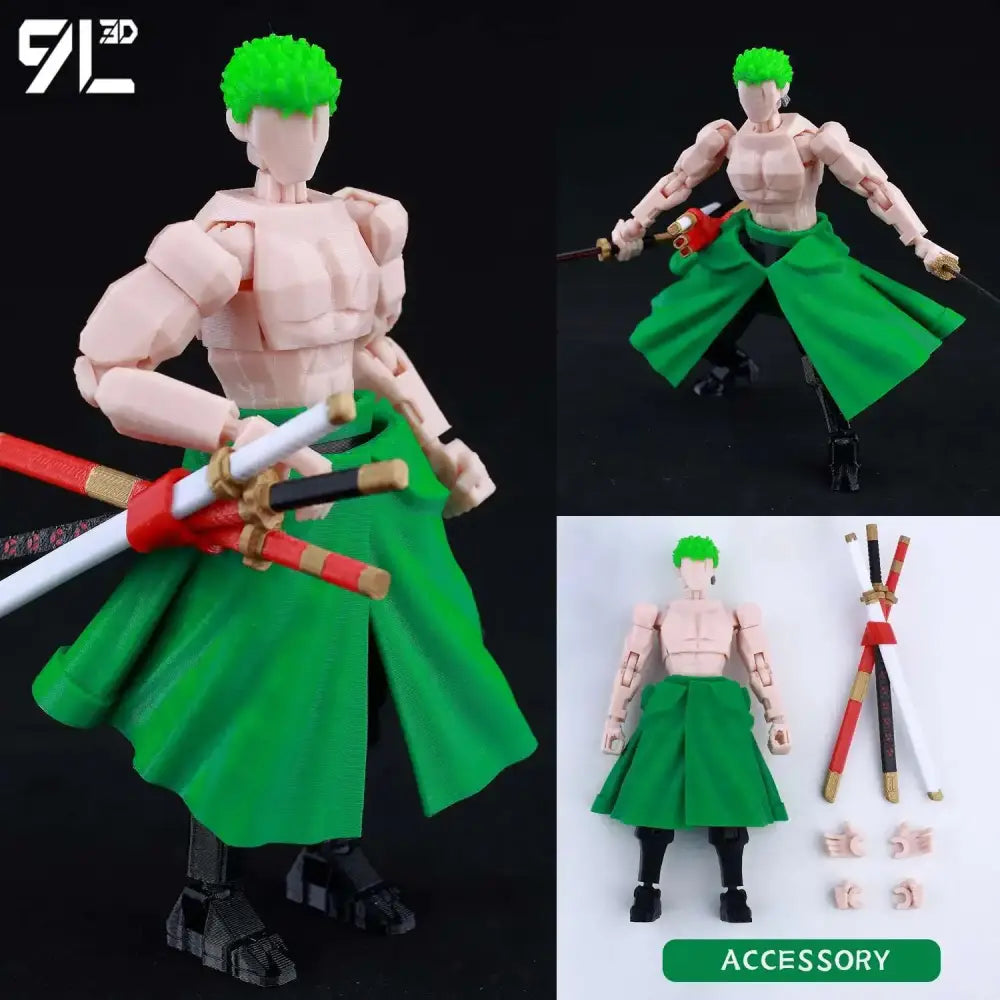 Green-haired solo leveling sung jin-woo 3d printed movable dummy action figure holding two swords in green skirt and black boots