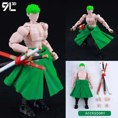 Green-haired solo leveling sung jin-woo 3d printed movable dummy action figure holding two swords in green skirt and black boots