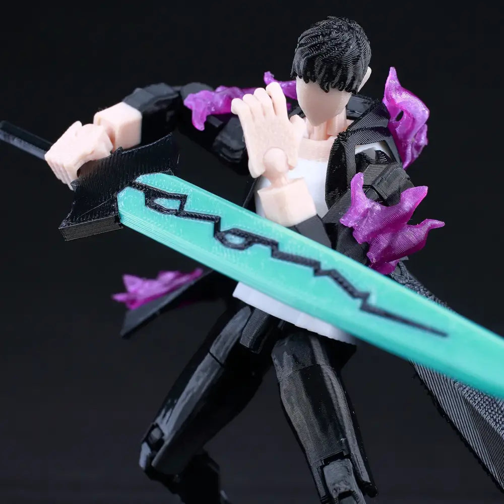 Solo leveling sung jin-woo 3d printed movable dummy action figure with black and white attire and teal sword