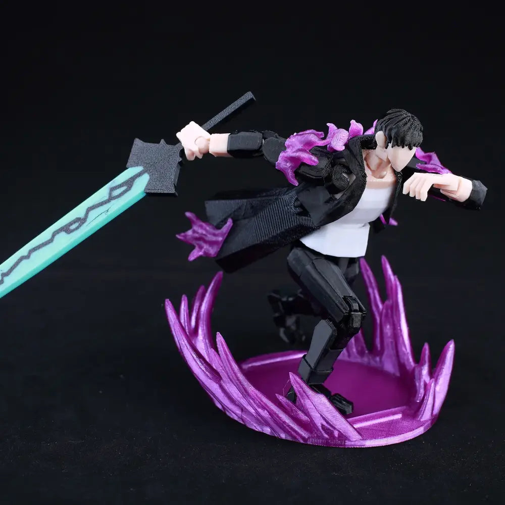 Solo leveling sung jin-woo 3d printed movable action figure in purple and black wielding a detailed teal sword in dynamic pose