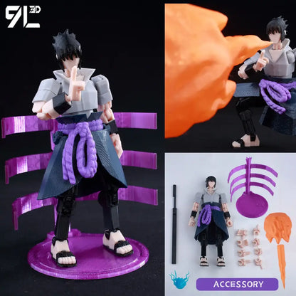 Purple and gray plastic sasuke uchiha action figure with detailed outfit and purple rope belt in solo leveling sung jin-woo style