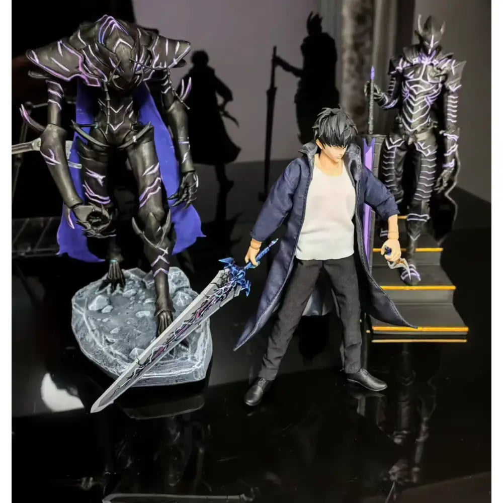 Solo leveling articulated figure of black and purple armored sung jin-woo standing on a detailed rocky base