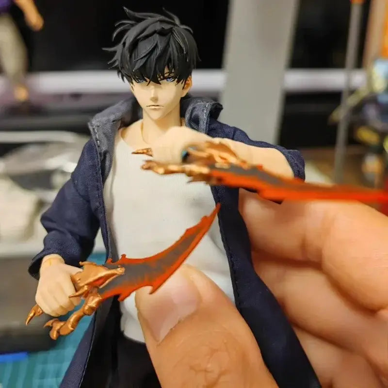 Solo leveling articulated figure of black-haired Sung Jin-Woo in navy jacket holding an orange gold dragon weapon