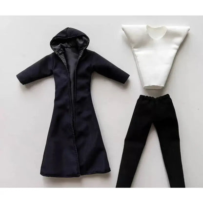 Black hooded coat with zipper front and textured lining on solo leveling sung jin-woo articulated figure 1/12 scale