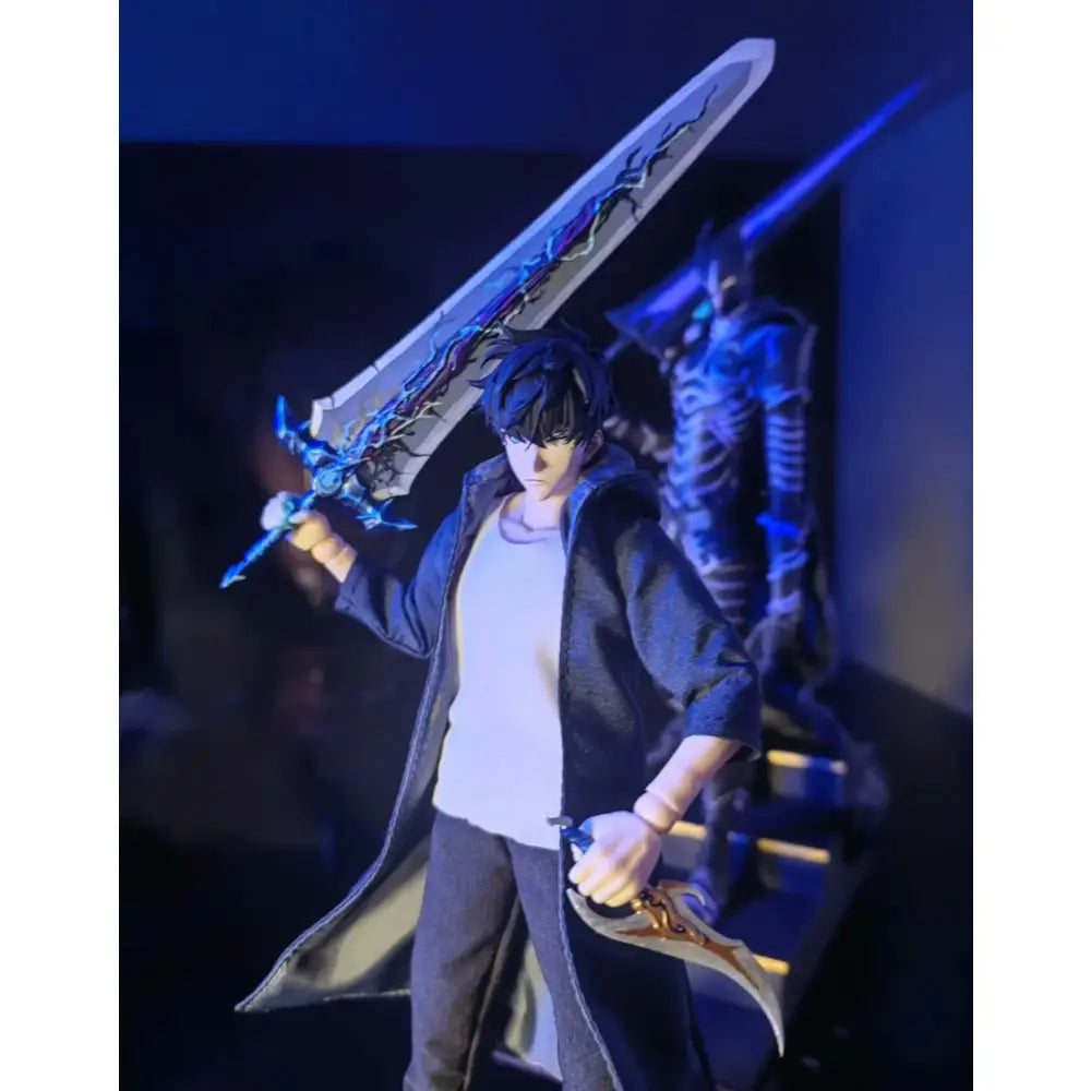 Solo leveling articulated figure of sung jin-woo in dark coat holding two swords with blue silver and gold details