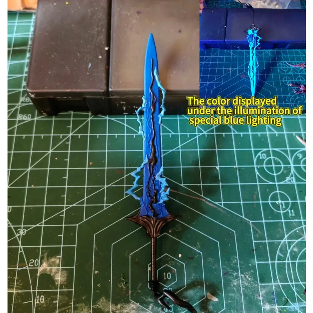 A vibrant blue sword with lightning patterns and dark brown hilt from solo leveling sung jin-woo articulated figure