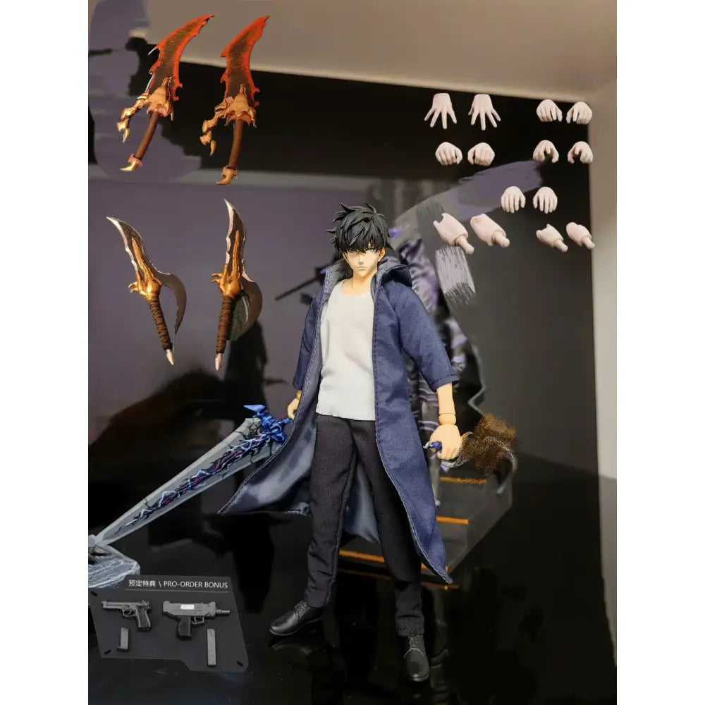 Solo leveling articulated figure of black-haired Sung Jin-Woo in navy trench coat holding a detailed sword 1/12 scale