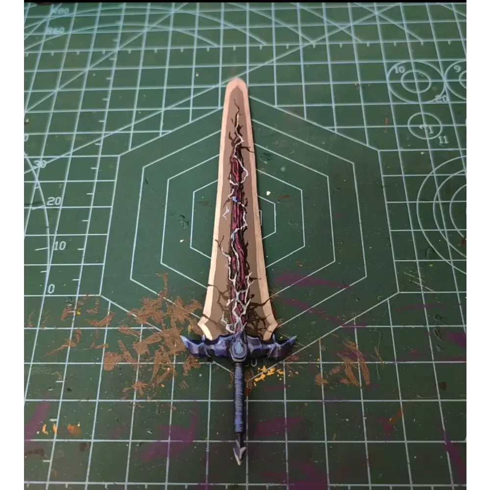 Hand-painted miniature sword with beige blade and red black veins and purple hilt from solo leveling sung jin-woo articulated figure