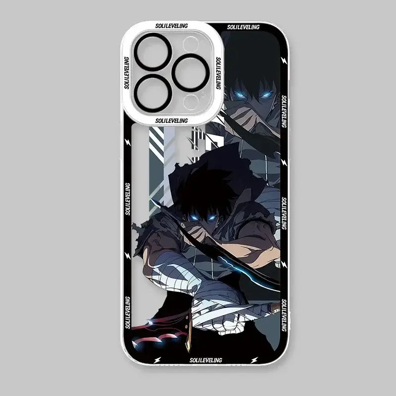 Black and white solo leveling sung jin-woo shockproof silicone phone case with glowing blue eyes and solileveling branding