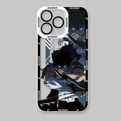 Black and white solo leveling sung jin-woo shockproof silicone phone case with glowing blue eyes and solileveling branding