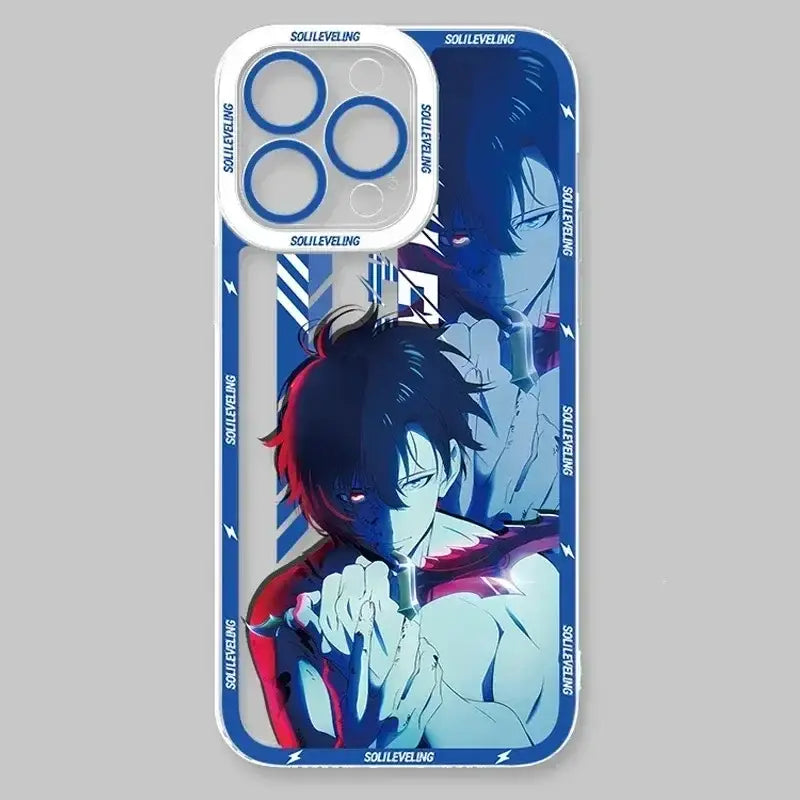 Back side of a blue and red shockproof silicone solo leveling sung jin-woo clear phone case with transparent camera cutout