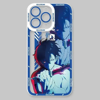 Back side of a blue and red shockproof silicone solo leveling sung jin-woo clear phone case with transparent camera cutout