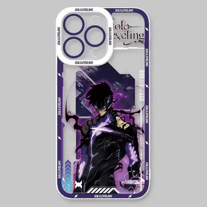 Transparent shockproof silicone phone case with purple and black solo leveling sung jin-woo anime design on back