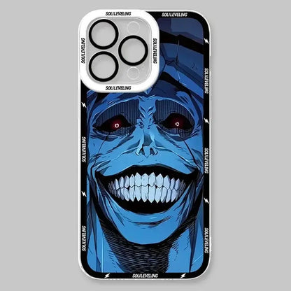 Back of a blue shockproof silicone solo leveling sung jin-woo phone case with red eyes white teeth and soulleveling text