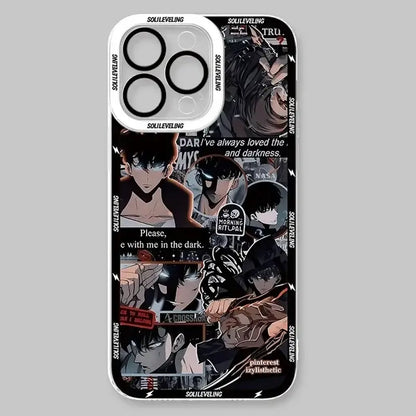 Back side of shockproof silicone solo leveling sung jin-woo clear case with black and white anime characters