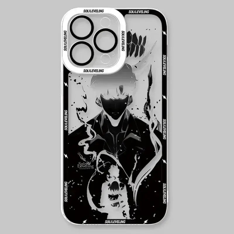 Black and white solo leveling sung jin-woo shockproof silicone phone case with clear back and transparent camera cover