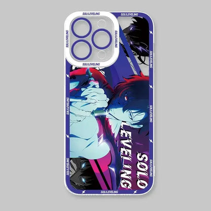 Purple and blue solo leveling sung jin-woo anime phone case with shockproof silicone and soulleveling text on back side
