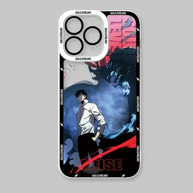 Black shockproof silicone phone case featuring solo leveling sung jin-woo anime illustration on back side