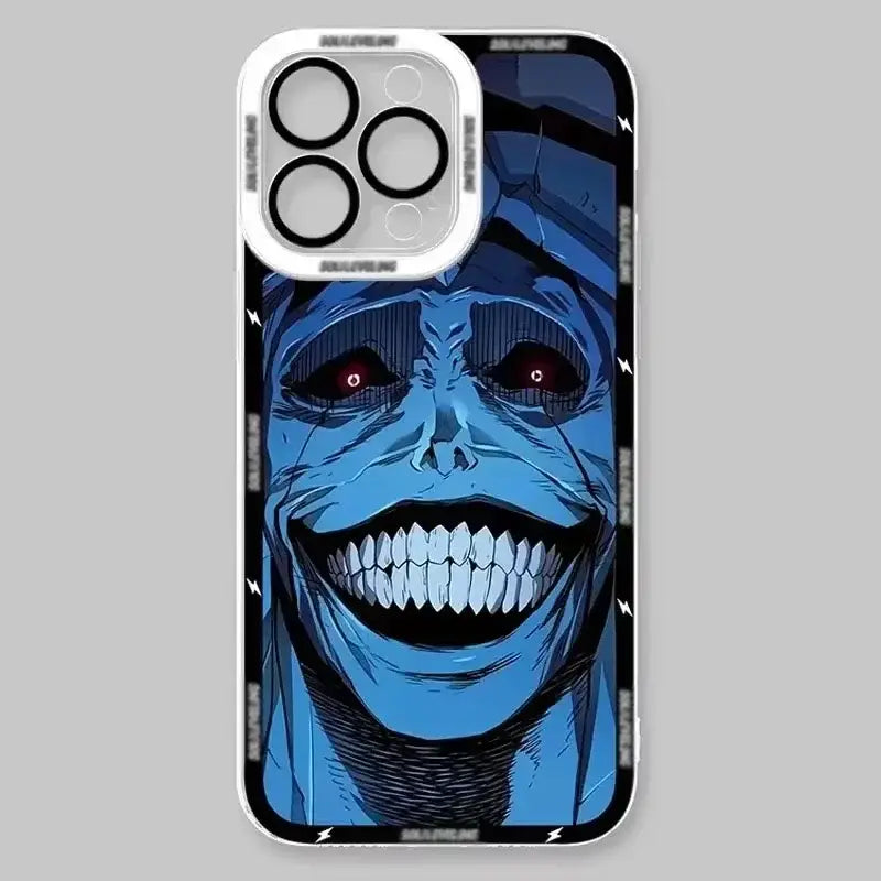 Blue solo leveling sung jin-woo face phone case with red eyes and sharp teeth made of shockproof silicone