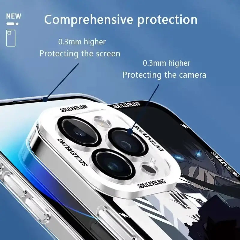 Silver metallic camera lens protector with raised design fits phone triple lens on shockproof silicone solo leveling sung clear case