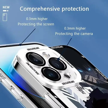 Silver metallic camera lens protector with raised design fits phone triple lens on shockproof silicone solo leveling sung clear case