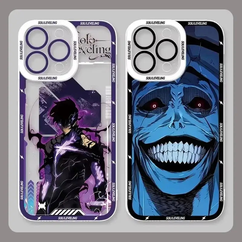 Two shockproof silicone solo leveling sung phone cases featuring purple black character and blue smiling face designs