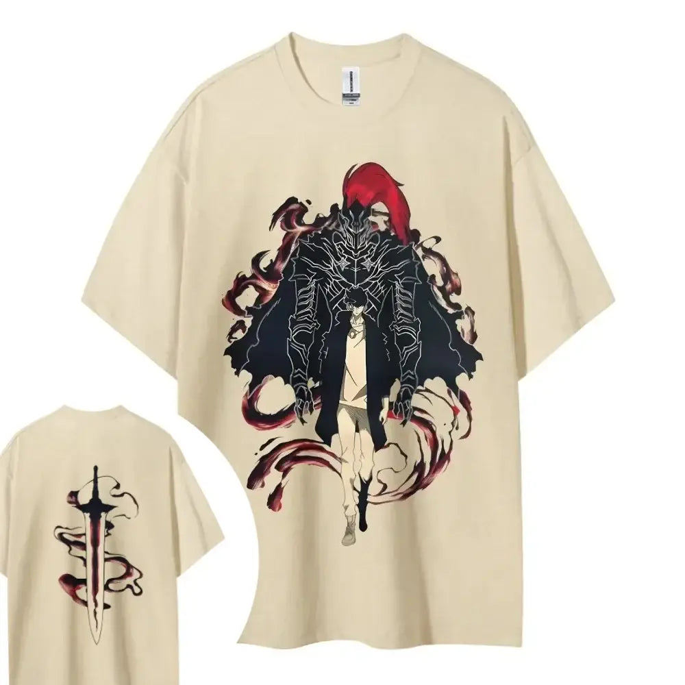 Beige cotton solo leveling crewneck t-shirt with oversized fit and black red anime graphic front and sword print back