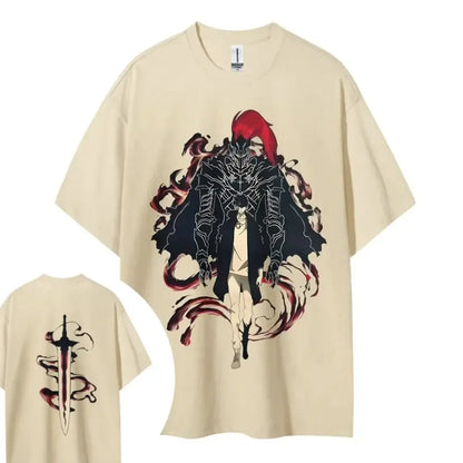 Beige cotton solo leveling crewneck t-shirt with oversized fit and black red anime graphic front and sword print back