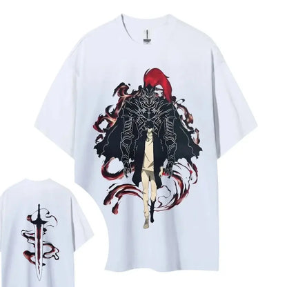 White cotton unisex solo leveling crewneck t-shirt with bold black and red anime design and sword graphic on back