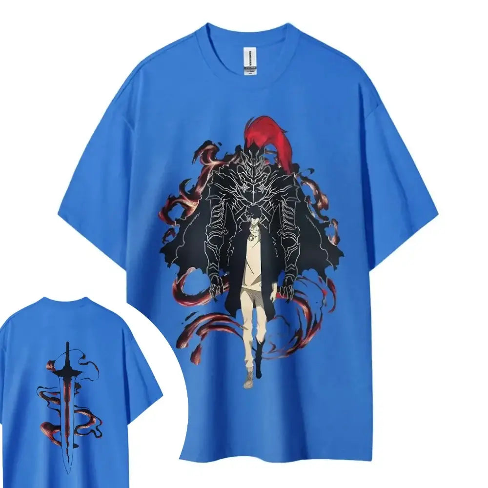 Blue cotton solo leveling crewneck t-shirt featuring detailed anime character and sword graphic on the back