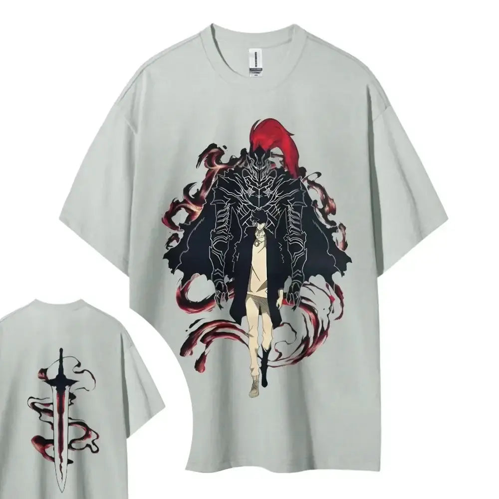 Light gray oversized solo leveling t-shirt with bold red-haired anime character and sword graphic on the back cotton unisex