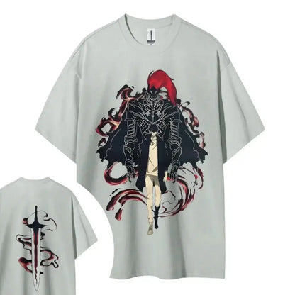 Light gray oversized solo leveling t-shirt with bold red-haired anime character and sword graphic on the back cotton unisex