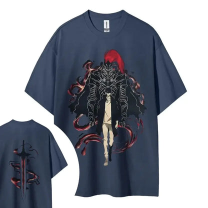 Dark blue cotton oversized solo leveling t-shirt with detailed anime design and sword graphic on the back