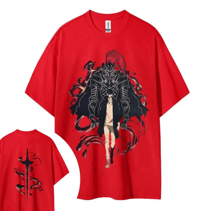 Red solo leveling oversized cotton t-shirt featuring black and red anime design and sword graphic on back side