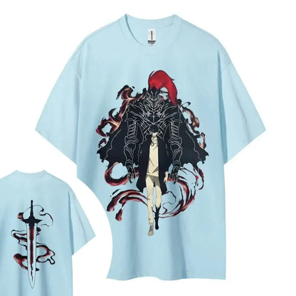 Light blue cotton solo leveling t-shirt with short sleeves featuring detailed anime design and sword graphic on back