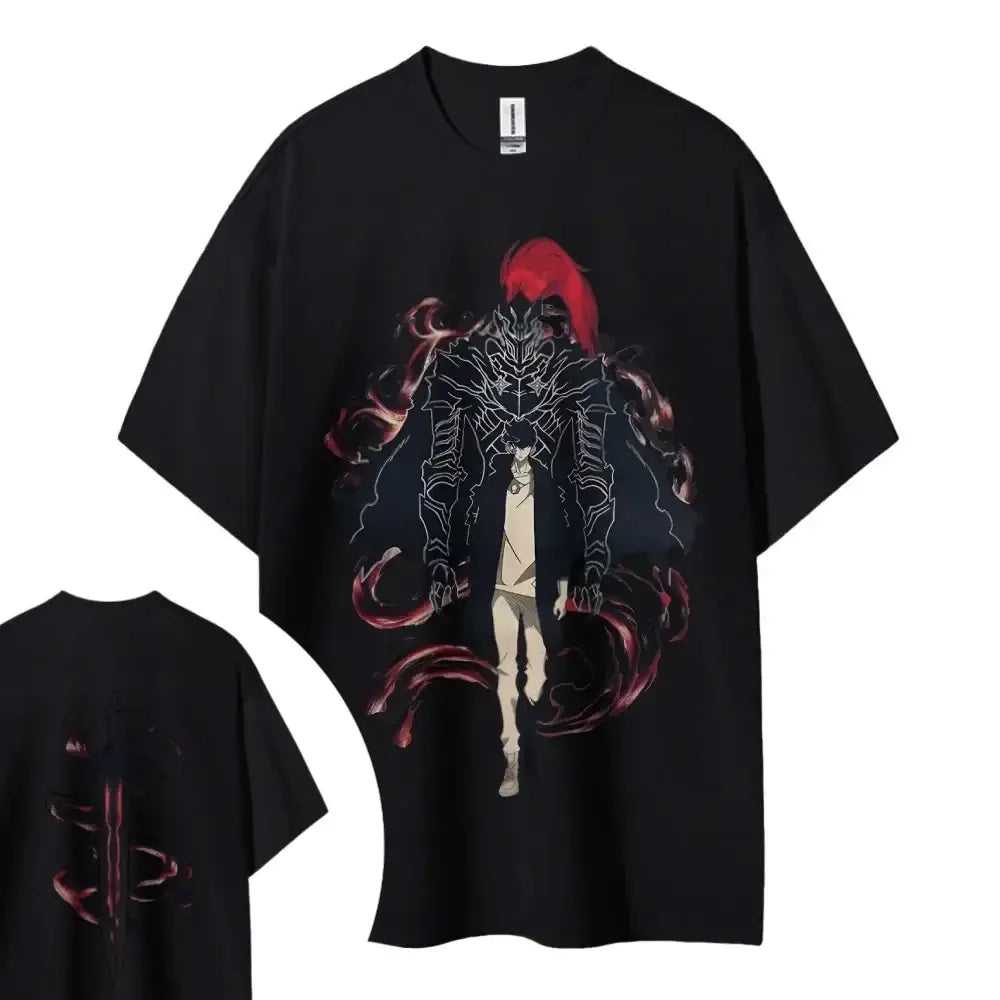 Black short-sleeved cotton solo leveling t-shirt featuring red-haired character with black armor and glowing red accents