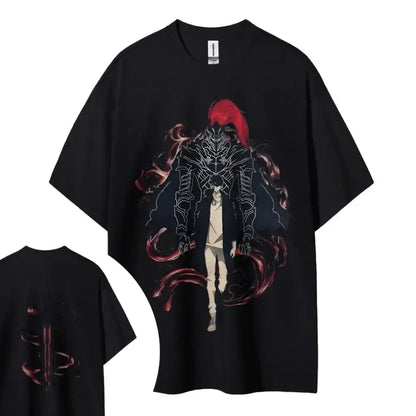 Black short-sleeved cotton solo leveling t-shirt featuring red-haired character with black armor and glowing red accents