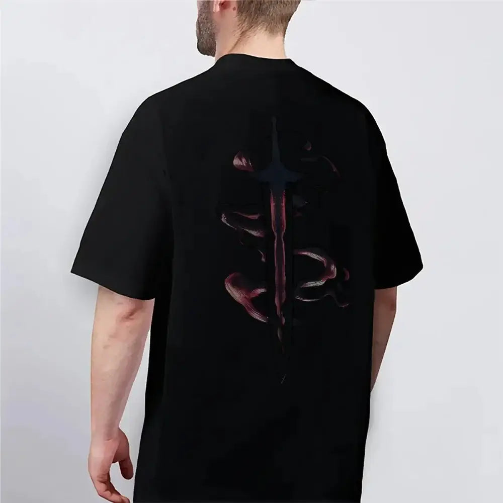 Black cotton solo leveling t-shirt with red and dark gray stylized sword graphic in a unisex crewneck design