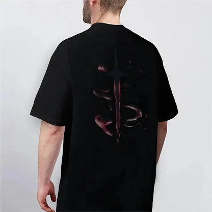 Black cotton solo leveling t-shirt with red and dark gray stylized sword graphic in a unisex crewneck design