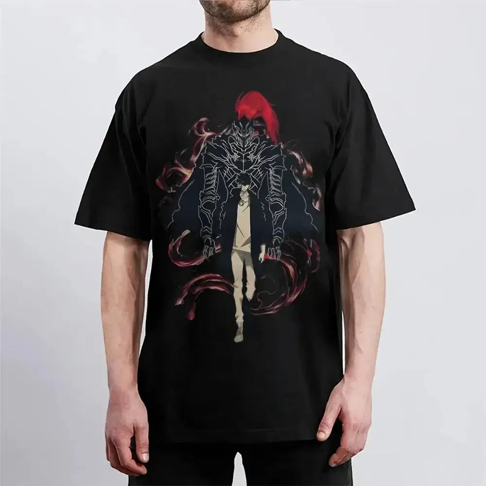 Black cotton solo leveling t-shirt with red-haired anime figure and dark intricate armor design unisex crewneck