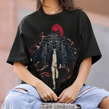 Black oversized cotton solo leveling t-shirt featuring a detailed red-haired armored figure with pink and black designs